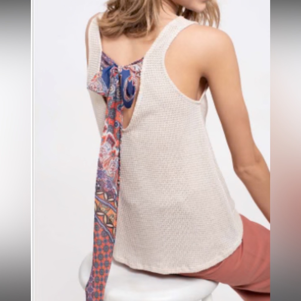 Blu Pepper Cream Knit Tank with Multicolor Paisley Tie Back